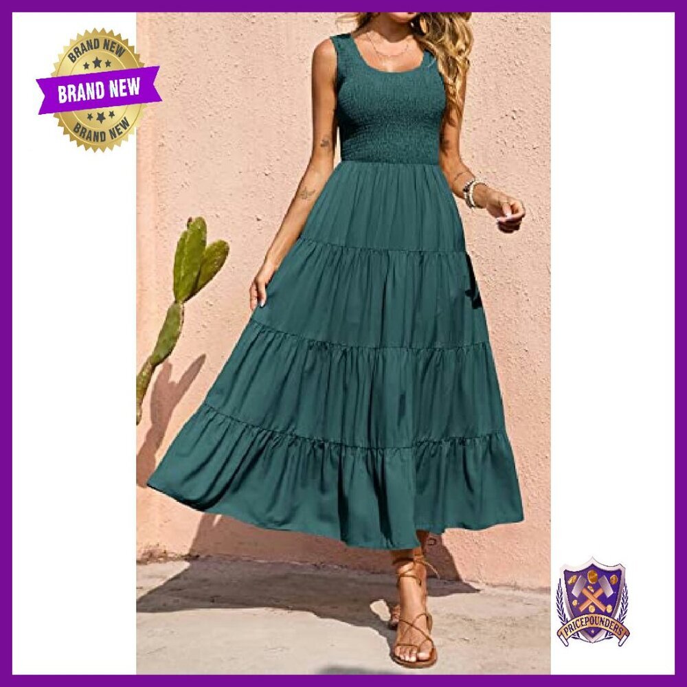 Smocked Tank Maxi Dress Tiered Long Sleeveless Spring Beach Casual - Picture 7 of 8